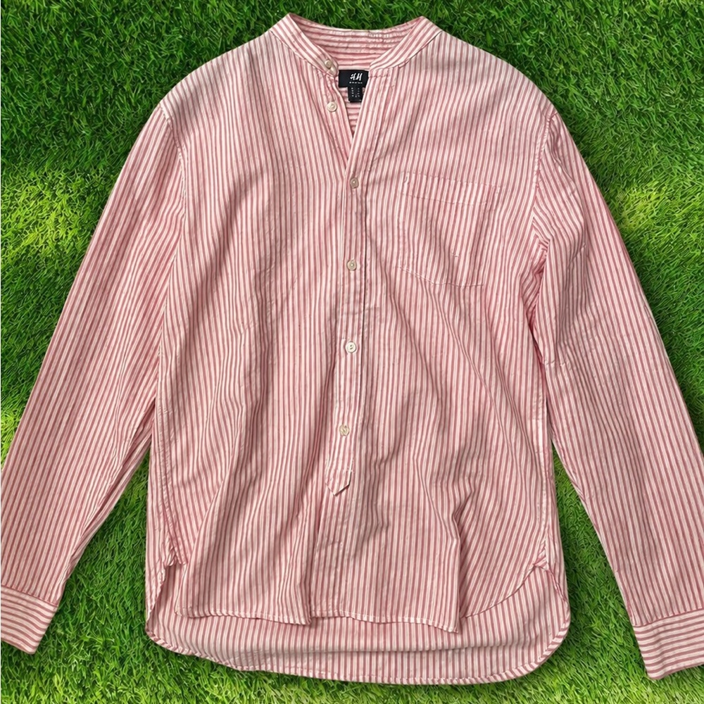 H&M Red and White Striped Mandarin Collar Shirt - Men